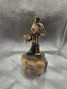 Vtg 1982 Ron Lee Hand Painted Brass Gold Plated Clown on Onyx Base Signed 5.5"